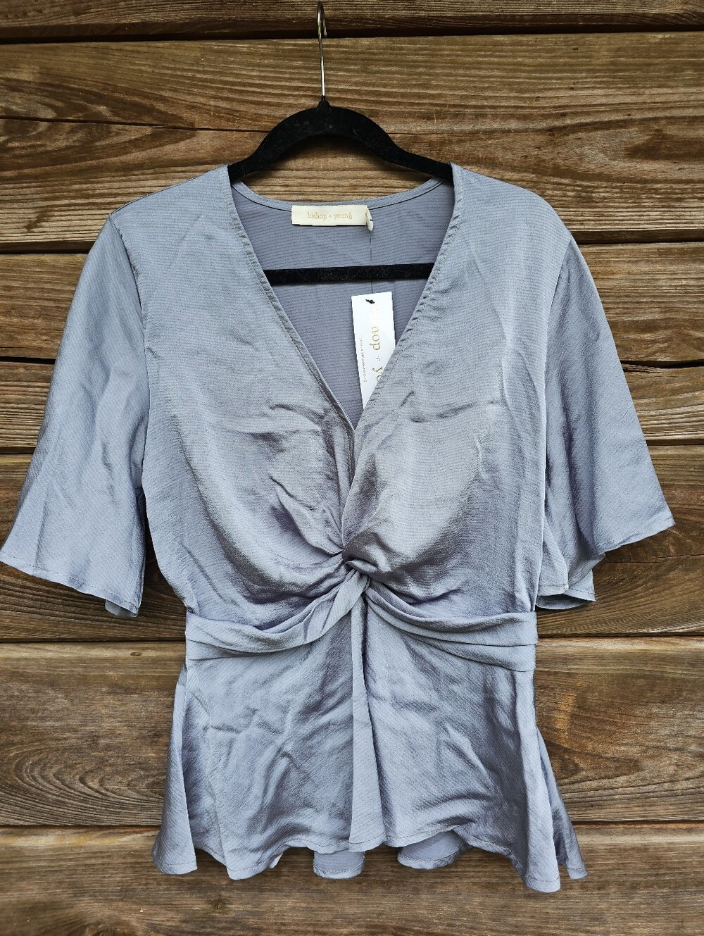 Bishop + Young Silver Gray Satin Twist Front Peplum Blouse Top Size Small NWT